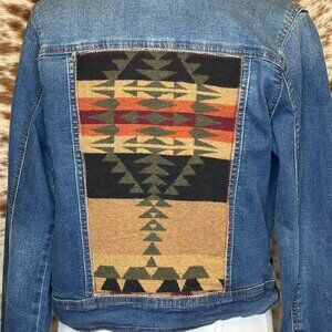 OOAK UpCycled Western Jean Jacket Rustic Aztec Pendleton wool Rustic colors -SM